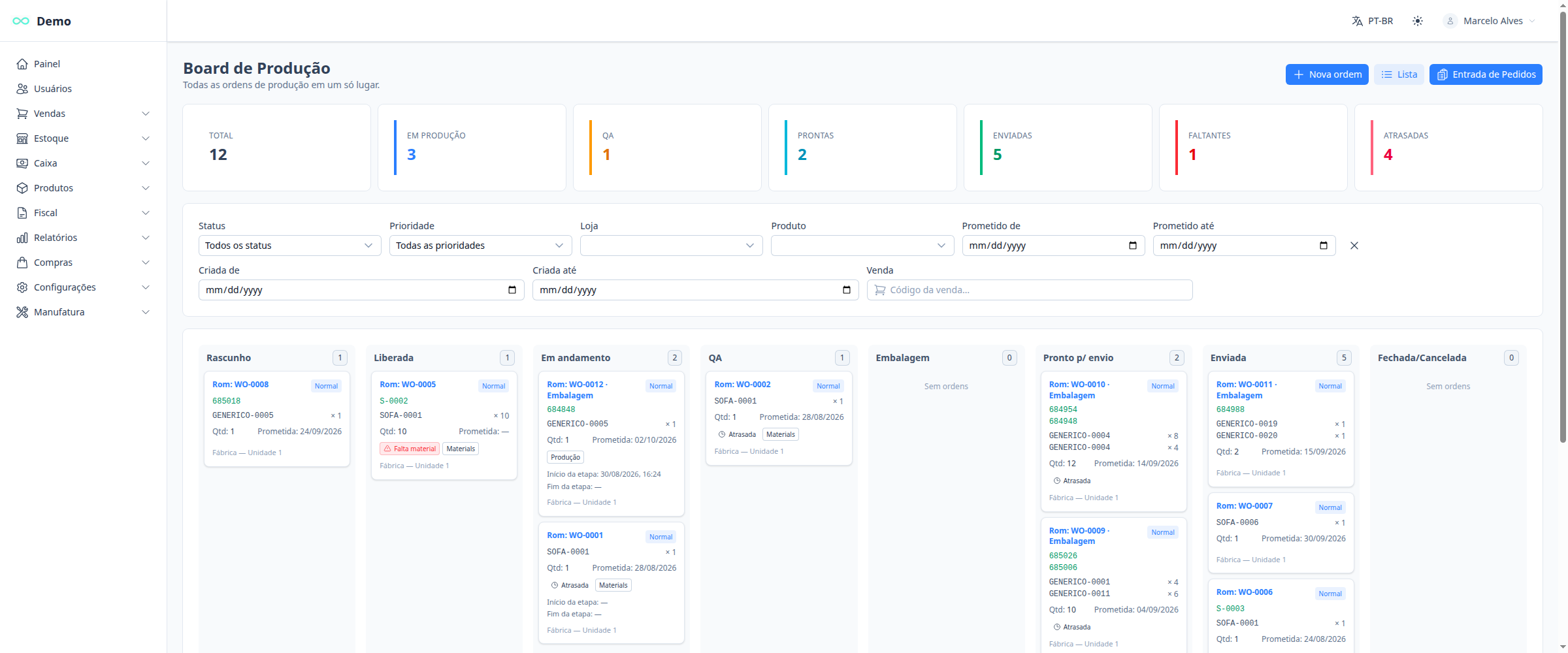 Board de produção real do NexaLoop: ordens de fabricação em colunas por status (rascunho, liberada, em andamento, QA, prontas, enviadas).